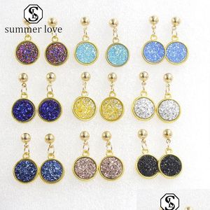 Stud Trendy Drusy Round harts Sten dingle öron för kvinnor Colorf Gold Sparkly Quartz Druzy örhängen Valentines Day Jewelr Dhgarden Dhhqu