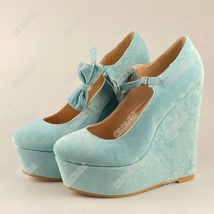 Olomm Handmade Ladies Spring Pumps High Quality Wedges High Heels Round Toe Sky-Blue Party Shoes Women US Plus Size 5-20