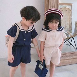 Summer Korean Style Kids Sailor Collar Cotton Linen Clothes Set Boys Girls T Shirtwithshorts 2sts Kid Clothing Baby Boy Clothing P230331