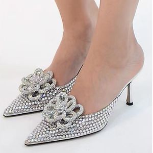 Pointed Slippers Sandals Rhinestone Decorative Mules Leather Slides Stiletto Heels Slip-on Women Designers Shoes size 35-42