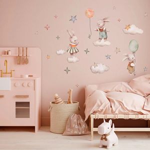 Wall Stickers Cartoon Rabbit Moon and Stars Wall Decal Animal Nordic Tender Rabbit Air Balloon Decal Children's Room Decorative Wallpaper 230331