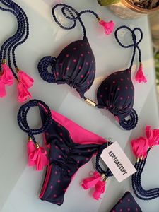 Women's Swimwear Sexy Halter Swimsuit Push Up Brazilian Bikini Tropical Plant Print String Mini Women Thong Micro 230331