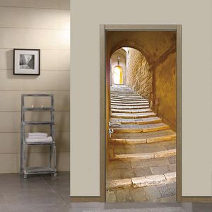 Wall Stickers Medieval Stone Alley DIY Door Wallpaper Home Decoration Living Room Children's Room Bedroom Art Fresco Self adhesive PVC Wallpaper 230331