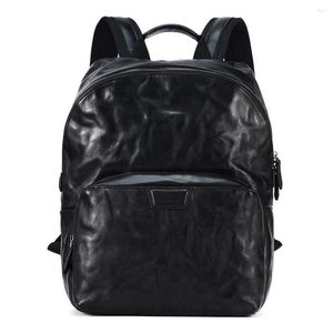 Backpack Genuine Leather Men Fashion Laptop Bag 15.6 Inch College School Travel Casual Black Daypack