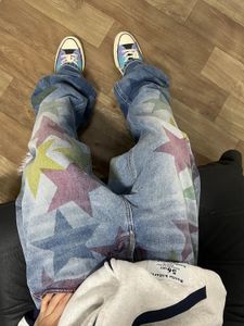 Kolor dżinsów dżinsów Pentagram Krowa nadruk Jean's Pantalones de Mujer prosta luźna wisiorek z szeroką nogą długie spodnie Y2K Pants High Talies Dżinsy 230331