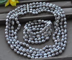 Pendant Necklaces Z12455 Set 4Row Gray Baroque White Rice CZ Pearl Necklace Bracelet