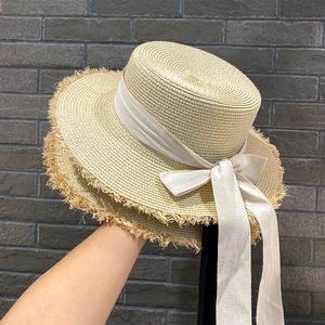 Bowknot band stråhattar semester strand kepsar kvinnor platt topp hatt för sommaren