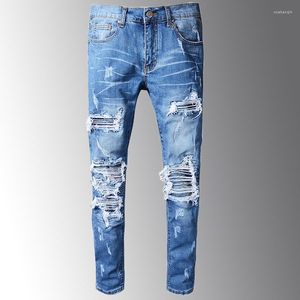 Erkekler Kot erkek mavi pilili patchwork delik, motosiklet için yırtık bisikletçinin sıradan ince sıska sıkıntılı streç denim pantolon