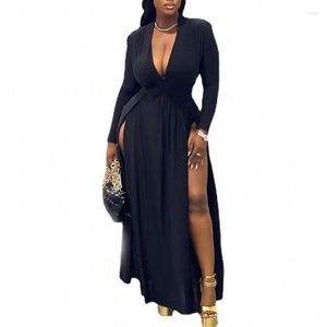 Ethnic Clothing Balck Maxi African Dress For Women Clothes V-neck Sexy Split Long Sleeve Party Robe Femme Africaine Vestidos