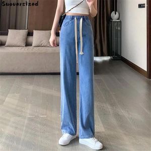 Women's Jeans Thin Drawstring Stretch Baggy Elastic High Waist Trousers Summer Denim Pants Women Vaqueros Korean Straight Leg Pantalones