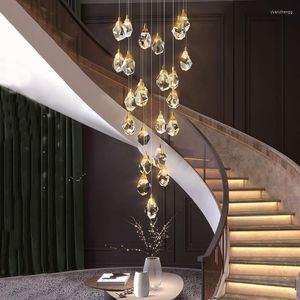 Candeliers cobre escadas modernas lustre da sala de estar decoração loft jaining cristal lustre lustre teto de cozinha pendurada lâmpada de quarto de iluminação