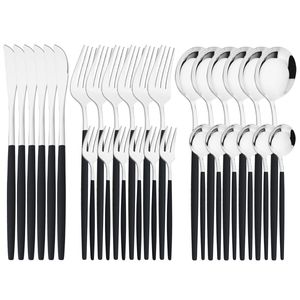 Dinnerware Sets 30 Piece Black Silver Tableware Set Knife Fruit Fork Cake Fork Tea Spoon Napkin Stainless Steel Tableware Set Party Kitchen Tools 230331