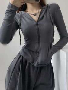 여자 티셔츠 딥 타운 고딕 스트리트웨어 지퍼 업 대형 T 셔츠 여성 빈티지 섹시한 단단한 후드 가디건 긴 소매 자른 탑 트랙 슈트 230331