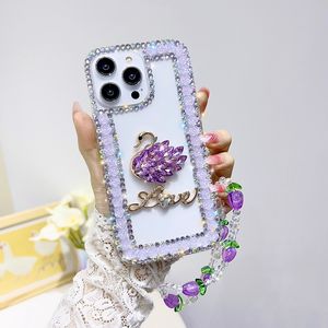 3D Swan Bling Rhinestone Caso para iPhone 14 Pro Max 13 12 11 x xr xs 8 7 Plus Fashion Luxury Shinny Soft TPU Flor Love Diamond Lady Girls Mulheres do telefone Treça de pele de capa traseira