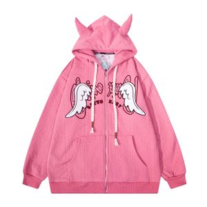 Devil's Horn Hooded Cardigan Hoodies Men Women Pink Hip Hop Streetwear Zipper Warm Hooded Jackets Cotton Thicken Sweatshirts