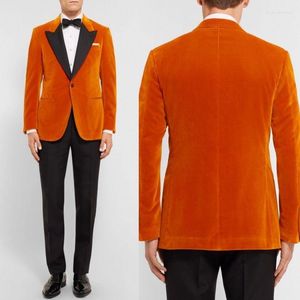 Men's Suits 2023 Arrival Orange Velvet Mens With Black Lapel Casual One Button Formal Custom Wedding Coats Pants 2 Pieces