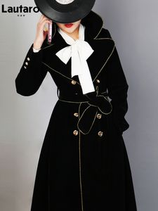 Couro feminino Faux LaUtaro Spring Autumn Long Black Velvet Trench Coat for Women With Gold Trim Sashes Double Basted Luxury Designer Fashion 2303331