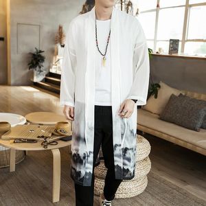 Trench de trincheira masculina verão chinês 2023 estilo comprimento vestido de roupas tradicional cardigan hanfu homens gelo windbreaker plus size jaqueta de capa