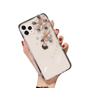 Luxo 3D Pearl Flower Cell Phone Cases Transparent Back Cover For Apple IPhone14 Promax 13 12 11 Pretty Girls Shockproof Skin Feel Mobile Phone Case Shell White