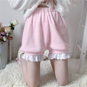 Kvinnor shorts vinter härlig lolita flickor varm sammet söt hög midja spets plysch sommar cavay bloom rosa vit 230331