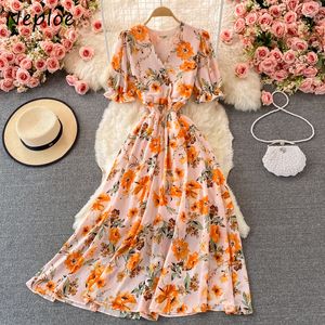 2023 Casual Dresses Summer New Vestido Elastic Slim Waist Short Puff Sleeve Print V-neck Chiffon Dress Over Knee Thin Long Robe Femme