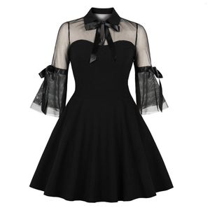 Casual Dresses 2023 Summer Womens A-line Retro Bow Dress Black Pink Mesh Splice Flare Sleeve Elegant Party 1800