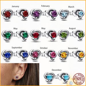 925 Sterling Silver Pandora Charm Month Birthstone Eternity Circle Stud Earrings Women Birthday Commemorative Jewelry Exquisite Gift