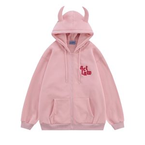 Hip Hop Streetwear Hooded Hoodies Jacket Men Little Devil Horns Letter Embroidery Loose Coat Autumn Harajuku Cotton Sweatshirt Unisex