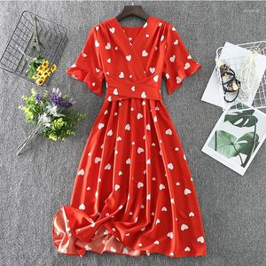 Party Dresses Summer Love Cherry Mönster Kort ärm V-ringning-Längd A-Line Chiffon Red Pink White Black Green Yellow Coctail Dress 9738