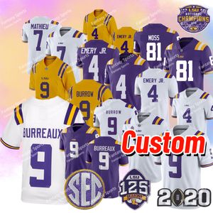 Niestandardowe LSU John Emery Jr. 4 Jersey White Abraham II Allen Baskerville Bordelon Brooks 9 Burrow Burreaux Damarius McGhee Moss Purple Football Jerseys Tigers Mens Kids