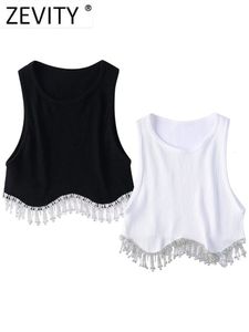 Kvinnors tankar Camis Zevity Women High Street Sexig hem Tassel Diamond Peading Knitting T Shirt Chic Short Tank Lady Slim Crop Vest Tops LS1311 230331