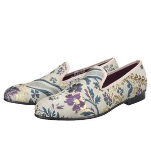 Klädskor 2023 blommor och lämnar jacquard silketyg mäns loafers handgjorda rökande tofflor röda färgbottnar mockasin skor