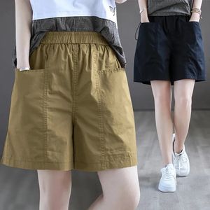 女性のショートパンツ100％コットンレディースサマーショーツシンエラスティックウエストゆるい女性のショーツKhaki黒と白のカジュ​​アルショーツとポケット230331