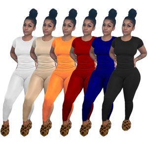 Designer Women's Spring Summer Short Sleeve Pants Passar Ny Super Elastic Solid Tone Slim Fit Sports Two Piece Set