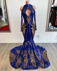 2023 Arabski Aso Ebi Royal Blue Prom Dress Cequined Lace Mermaid