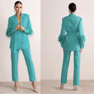 Ostrich Feather Mother of the Bride Pants Suits Custom Made Ladies Women Formal Evening Party Blazer Wear Jacket 2 Pieces