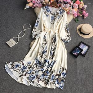 Abiti casual Autunno manica lunga floreale maxi abito telai stile arabo o collo a-line caviglia chiffon nero navy rosa