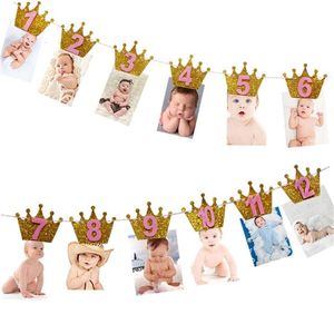 Banner Flags 12 Months Po Frame Banner First Happy Birthday Party Decorations Kids 1st Baby Boy Girl 1 One Year Birthday Supplies 230331