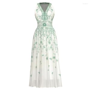 Casual Dresses V Neck Sleeveless Empire Waist Ankle Length Maxi Green Embroidery White Party Dress