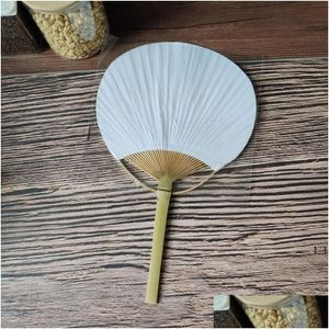 Party Favor White Round Hand -fans med bamburam och hanterar gynnar gåvor Paddla pappersfläkt till sjöss RRB16402 Drop Leverans H DHJ2A