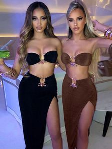 Two Piece Dress Velvet Sexy Strapless Crop Tube Top High Waist Slit Maxi Dress 2 Pcs Suits Fall Women Fashion Streetwear Vestido 230331