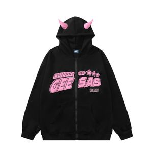 2023 Felpa con cappuccio con zip e stampa con corno da demone da uomo Y2K Hip Hop rosa simpatico demone con cappuccio Streetwear Harajuku Pullover