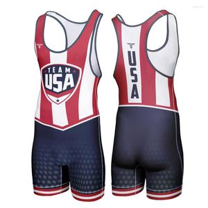 Gym Clothing The USA Wrestling Singlet Suit One Piece Bodysuit Professional Triathlon Coverall Men High Elastic Sleeveless Weightlifting