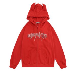 Şeytan Boynuzları Zip Hoodie High Street iskeleti Baskı Erkek Hoodies Küçük Kuyruk Ceket Gotik Punk Niche Tasarım Sense Çift Ceket