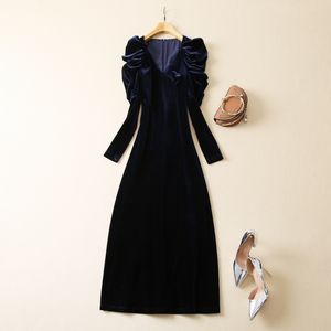 Spring Blue Solid Color Velour Dress Long Puff Sleeve V-Neck Long Maxi Casual Dresses S2N221500 Plus Size XXL