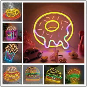 Night Lights Donut Shaped Neon Sign Night Light Pizza Hot Dog USB Wall Hanging LED Coffee Chips Popcorn Restaurant Burger Shop Decor Lamp P230331