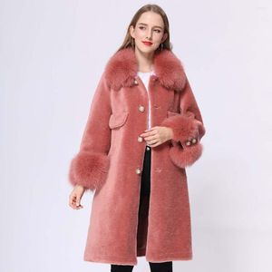 Women's Fur Spring Autumn Sheep Shearing Coat Long Style Woman Pearl Button Lapel Overcoat