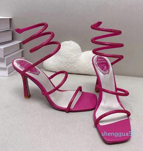 Rene Caovilla Cleo Rhinestones Sandalias Stiletto Sandals 95 mm Square Snake Starle Stiletto Stiletto Stiletto Women's 25 tacones de lujo Diseñador de noche zapatos de noche zapatos