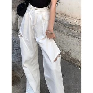 Damenjeans Baumwolle Hohe Taille Mit Löchern Weiße Taschen Lässige Gerade Jeanshose Koreanische Bf Lose Weites Bein Jean Streetwear Hose 230330