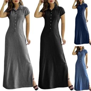 Casual klänningar kvinnor kort ärm krage knapp fram a-line denim maxi-long 10cd